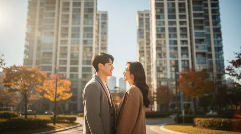서울 신축 아파트 단지 앞에 선 청년 남녀