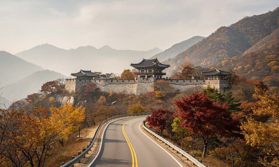 가을 산길과 성곽을 담은 여행 안내 대표 이미지, AI 생성