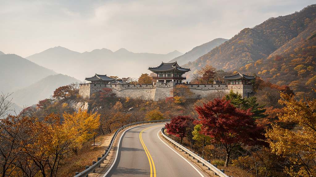 가을 산길과 성곽을 담은 여행 안내 대표 이미지, AI 생성