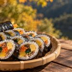 가을 배경의 김밥 접시를 표현한 AI 생성 참고 이미지