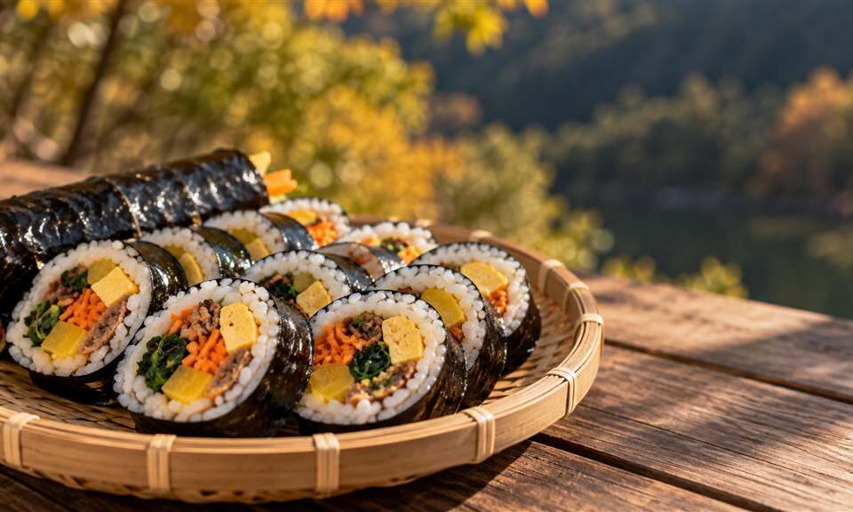 가을 배경의 김밥 접시를 표현한 AI 생성 참고 이미지