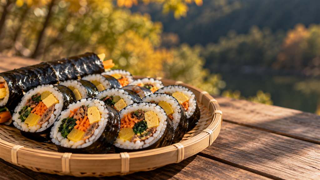 가을 배경의 김밥 접시를 표현한 AI 생성 참고 이미지