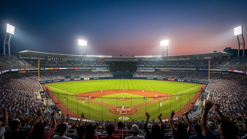 야간 조명 아래 관중석이 들어찬 프로야구 경기장