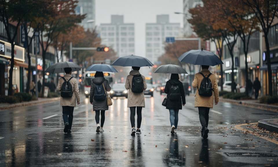 가을비가 내리는 도심 거리에서 우산을 쓴 보행자