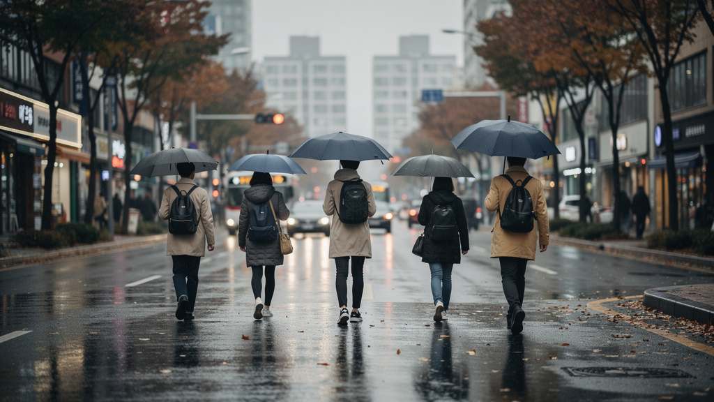 가을비가 내리는 도심 거리에서 우산을 쓴 보행자